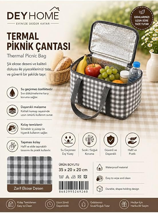 Termal Piknik Çantası 35x20x20 cm – Isı Yalıtımlı Soğuk ve Sıcak Tutucu Çanta | Ekose Desenli Termal Yemek ve İçecek Taşıma Çantası, Kamp ve Piknik Çantası