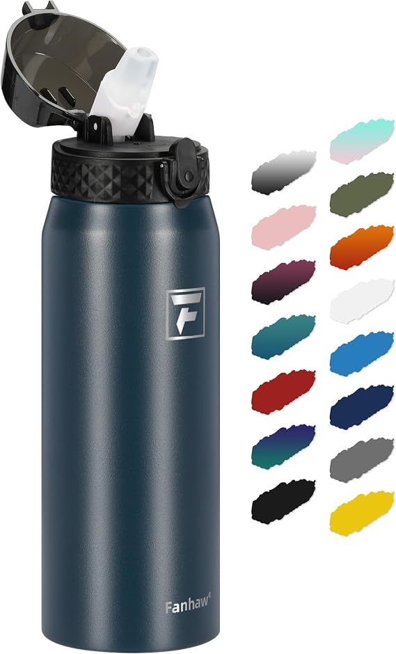 Fanhaw 24oz Kids Stainless Steel Water Bottle with Straw Lid, Navy Blue