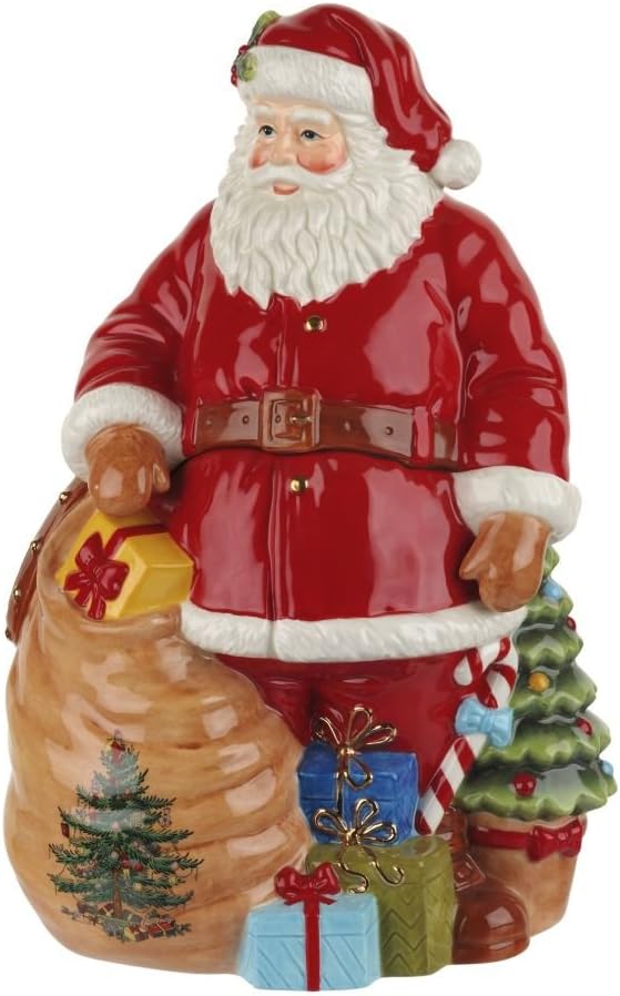 Spode Christmas Tree Santa Cookie Jar - 12" Dolomite Christmas Cookie Jar with Lid for Treats - Santa Candy Jar for Kitchen Counter, Festive Kitchen Decor, Seasonal Cookie Container, Holiday Gift