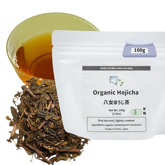 all day i eat like a shark Organic Hojicha Loose Leaf tea - JAS Certified, Non-GMO, No-additives, Authentic Japanese Origin, 100% Pure Premium Hojicha (roasted green tea) leaves, 100g wide mouth bag
