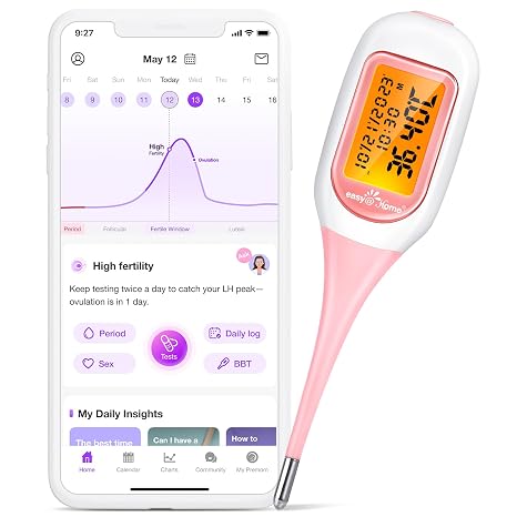Easy@Home Bluetooth Basal Thermometer for Ovulation, BBT with Backlit LED Screen & Premom APP (iOS&Android) - Digital Basal Thermometer for Fertility Tracking, Trying to Conceive, Auto Sync (Pink)
