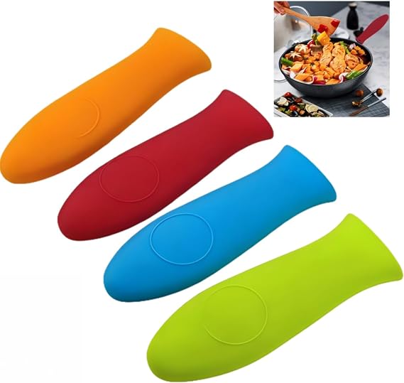4PCS Silicone Hot Handle Holder,Pan Handle Cover for Metal Frying Pans,Non-Slip Pot Holder Sleeve for Saucepan & Baking Cookware,Washable Silicone Handle Grips Protects Hands (Red+Orange+Green+Blue)