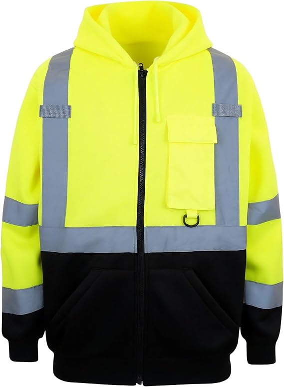 PAFESTER Men's Fleece Safety Hi Vis Lightweight Jacket Reflective Visibility Hooded jacket Bomber Jacket with Pockets Zipper