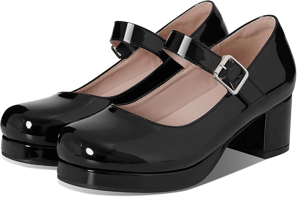 femflame Women's Low Chunky Heel Mary Jane Pumps Ankle Buckle Strap Sweet Round Toe Dress Shoes JK Cosplay Uniform Dress Shoes