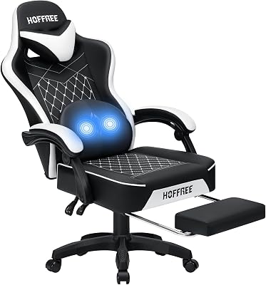 HOFFREE Gaming Chair Computer Chair with Pocket Spring Cushion Massage Game Chair with Footrest Ergonomic High Back Computer Gaming Chairs for Adults Adjustable Swivel Gamer Chair White and Black