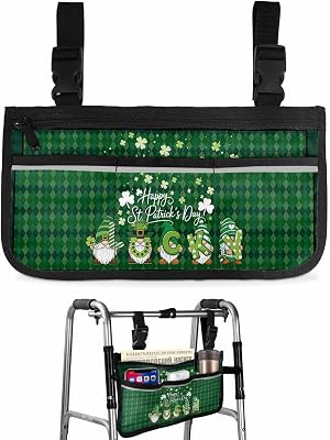 St. Patricks Day Wheelchair Side Bag Walker Bag, Lucky Gnomes Clover Green Rhombus Plaid Wheelchair Accessories Armrest Pouch, Organizer Storage Bag for Walkers, Rollators, Scooters, 7.3x13