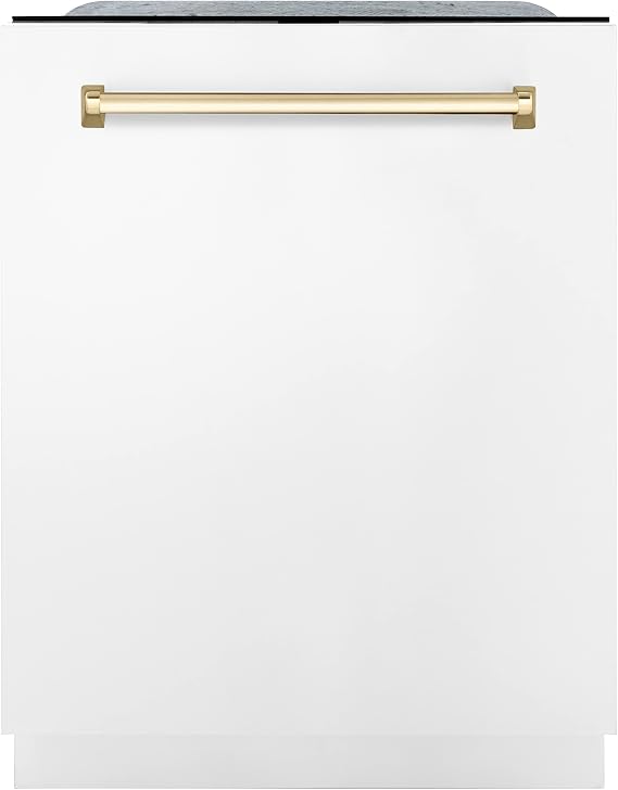ZLINE Autograph Edition 24" 3rd Rack Top Touch Control Tall Tub Dishwasher in White Matte with Gold Handle, 51dBa (DWMTZ-WM-24-G)