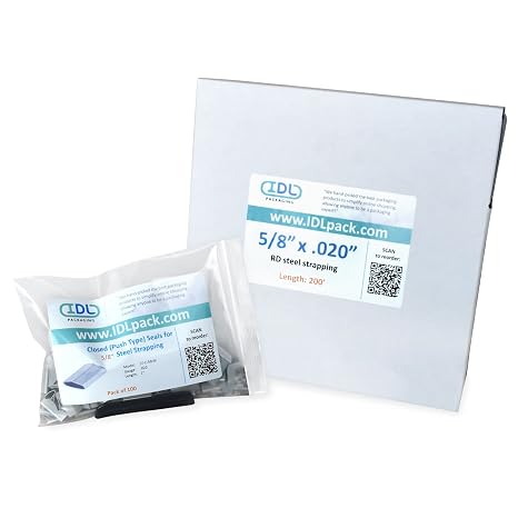 IDL Packaging Refill for Round 5/8" Steel Strapping Kits - 5/8" x 200' Steel Strapping Coil in Self-Dispensed Cardboard Box and 100 of 5/8" Closed Seals