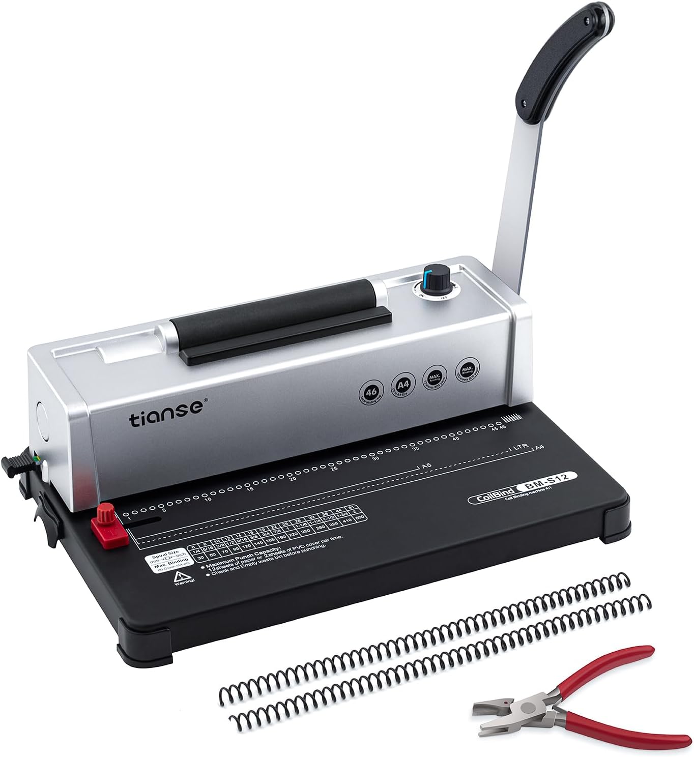 TIANSE Binding Machine, Spiral Binding Machine, Manual Bookmaker with Electric Coil Insert, Fits Letter Size/A4/A5 with 100 Pieces 5/8" Plastic Spool Binding Combs and Pliers