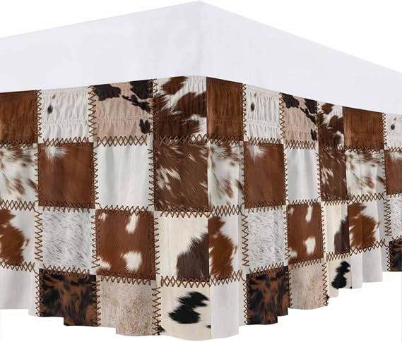 Bed Skirt Cow Animal Fur Skin Bedskirt 18 Inch Drop Western Cowboy Adjustable Elastic Wrap Around Bed Skirts Dust Ruffle for King Size Bed Frame Cover