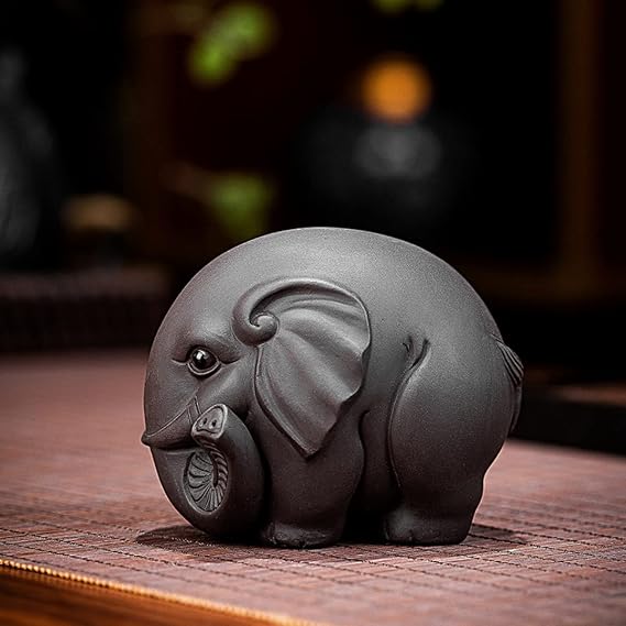 Purple Clay Tea Pet Lucky Auspicious Elephant Tea Playing Handicraft Can Be Raise Animal Statue Home Decor Ornament (Black)