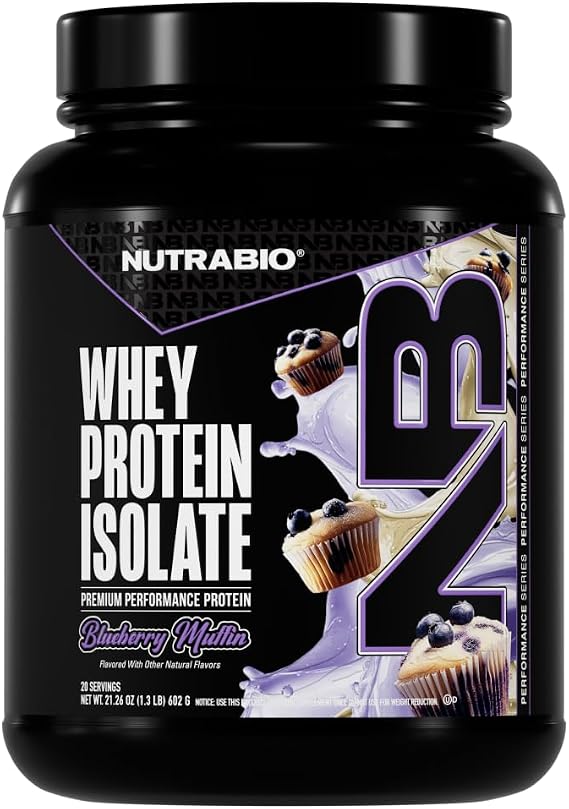 NutraBio 100% Whey Protein Isolate Protein Powder, 25g Protein with Complete Amino Acid Profile, Non-GMO, Soy & Gluten Free, Low Carb, Low Calorie Whey Protein Powder, Blueberry Muffin, 20 Servings
