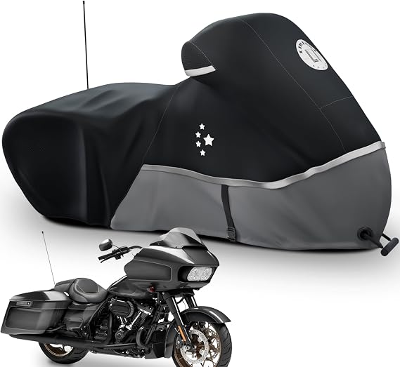 Motorcycle Cover 420D Heavy Duty Storage for Touring Models Harley Davidson Road King,Road Glide,Street Glide,Electra Glide,Heritage Classic,Low Rider-ST,and Most Motorcycles Gray