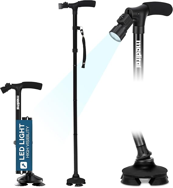 MEDITAL Folding Walking Stick with LED Light - 84.5-94.5cm Adjustable Walking Cane - Foldable Walking Stick for Men & Women with Extra Wide Pivoting Base - Comfortable Grip & Self-Standing Design