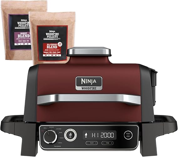 Ninja OG701 Woodfire Outdoor Grill & Smoker, 7-in-1 Master Grill, BBQ Smoker, Air Fryer plus Bake, Roast, Dehydrate, Broil, uses Woodfire Pellets(1 Pack Included), Portable, Electric, Red