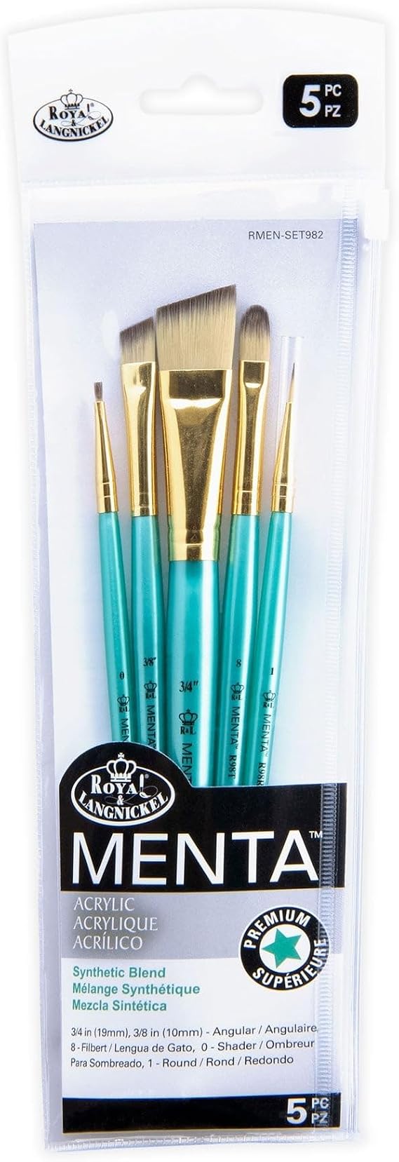 Royal & Langnickel Menta, 5pc Angular Variety Brush Set for Acrylic Paints, Includes - Angular, Filbert, Shader & Round Brushes