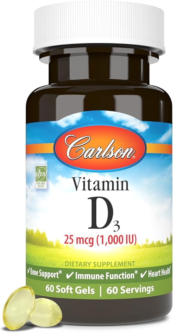 Carlson - Vitamin D3, 1000 IU (25 mcg), Bone Health, Muscle Health, Cholecalciferol, Vitamin D Supplements, Vitamin D3 Soft Gels, 60 Softgels