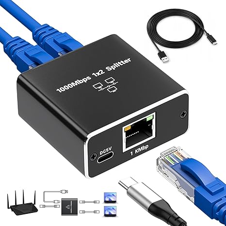 Gigabit Ethernet Network Splitter 1 to 2 with USB Power Cable