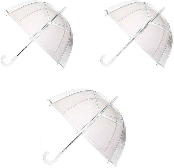 3 Pack Clear Dome See Through Umbrella | Transparent Walking Brolly | Wedding Translucent Umbrella | Semi-Automatic C-Handle White Bridesmaid Bridal Party