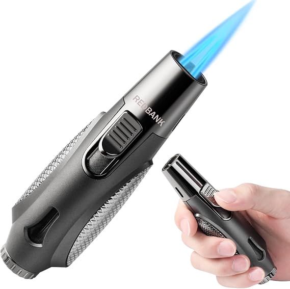 Torch Lighter - Butane Refillable Jet Lighter, Adjustable Flame with Fuel Level Window, Windproof for Candle, Fireplace, Grill, Kitchen, BBQ (Black)