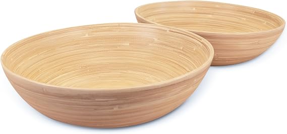 LEXA 12" Handmade Bamboo Salad Bowl 130 oz Large Wooden Fruit Bowl for Kitchen Counter, Natural Bamboo, Pack of 2