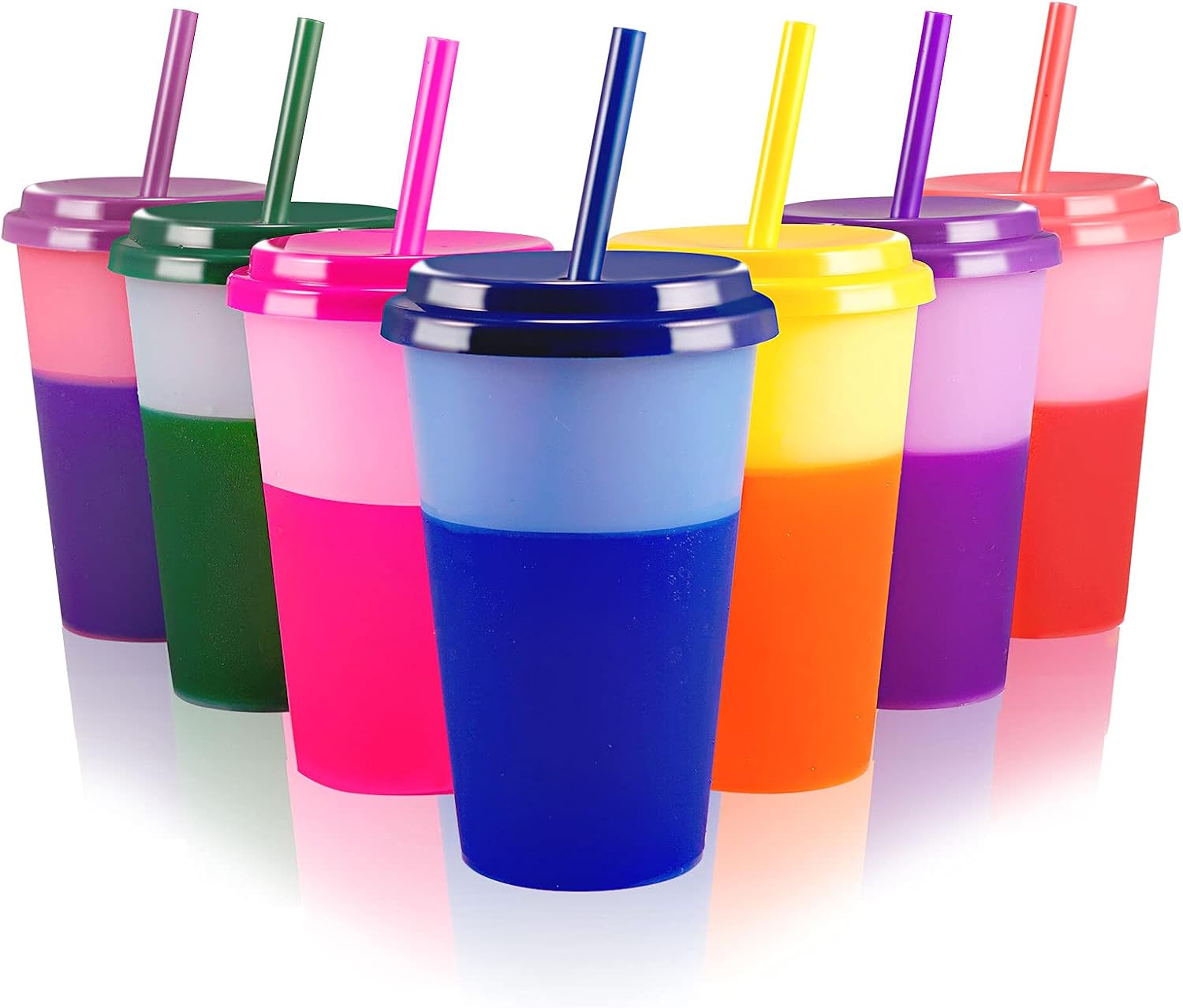 Color Changing Cups Tumblers with Lids & Straws for Kids - 7 Reusable Plastic Bulk Tumblers 12oz Cold Cup Tumbler Set for Kids with Silicone Straw Cover