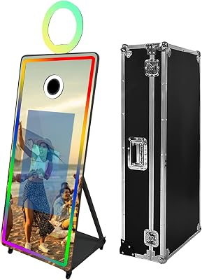Portable Mirror Photo Booth,Magic Mirror Selfie Photobooth Stand Machine Touch Screen with Ring Light and Trolley Flight Case for Parties Black, 65 inch32Screen