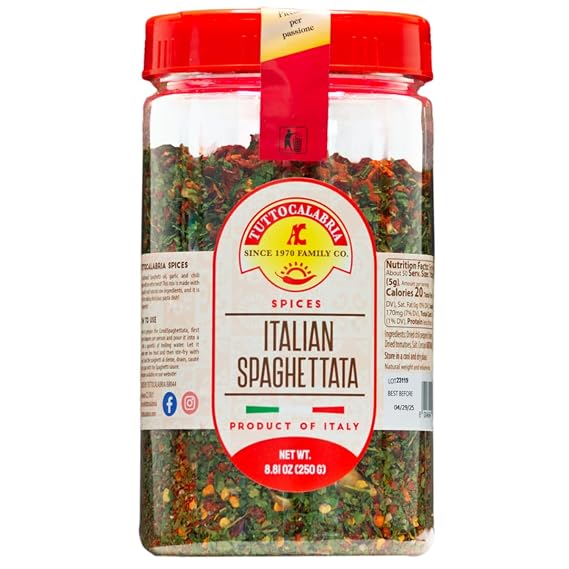 TUTTOCALABRIA Spaghetti Sauce Seasoning, Spicy Spaghettata, 250 g | Italian Seasoning Blend for Pasta Dishes Made with Chili Flakes, Parsley, Tomatoes, Garlic, Mix Seasoning, Product of Italy
