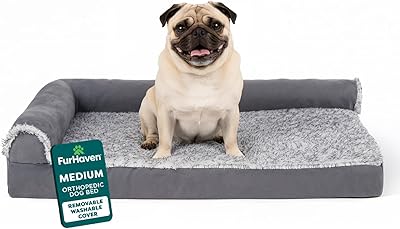 FurHaven Orthopedic Dog Bed for Medium Dogs, L-Shaped Chaise Mattress with Orthopedic Egg Crate & a Solid Orthopedic Foam Base for Joint Support, Washable Cover, Medium, Faux Fur & Suede, Stone Gray