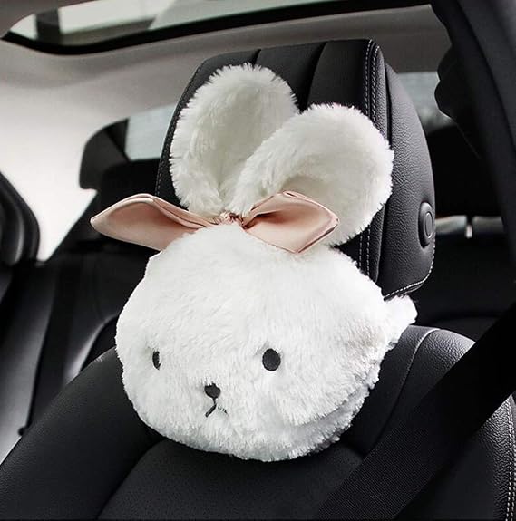 Fluffy Cute White Bunny Neck Pillow Soft Car Headrest Pillow Cute Car Interior Accessories for Girls (Bunny Neck Pillow 1pcs)