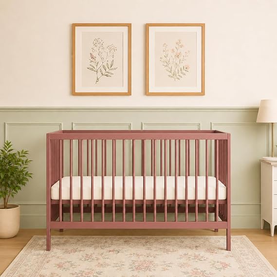 Mokee Pink Solid Wood Cot Bed 120x60 cm, 2-in-1 Wooden Baby Crib & Toddler Bed with Adjustable Base, from Newborn to 3 Years (Dusty Rose)