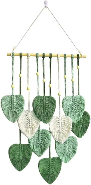 Reicyfang Macrame Wall Hanging Green Leaf Tassel Tapestry Boho Chic Wall Decor, Chic Woven Feather Tapestry Bohemian Wall Decoration, Yarn Woven Wall Art Leaf Tapestry for Nursery, Bedroom