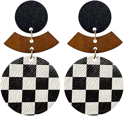 Wooden Earrings Unique Handmade Lightweight Black And White Round Geometry Earrings Vintage Bohemian Round Earrings for Women