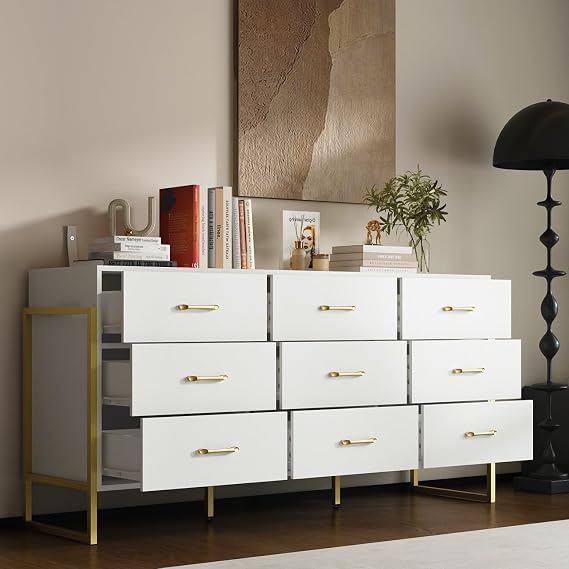 9 Drawer Dresser for Bedroom, Modern Drawer with Wide Drawers and Metal Legs, Floor Storage Organizer Chest of Drawers for Living Room, White (15.7" D x 61.4" W x 29.9" H)