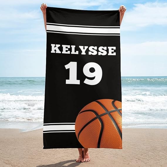 Basketball Style Personalized Beach Towels with Name and Number, Custom Bath Towels for Men Women Boy Girl Sports Team 3060 inches (Basketball 1)