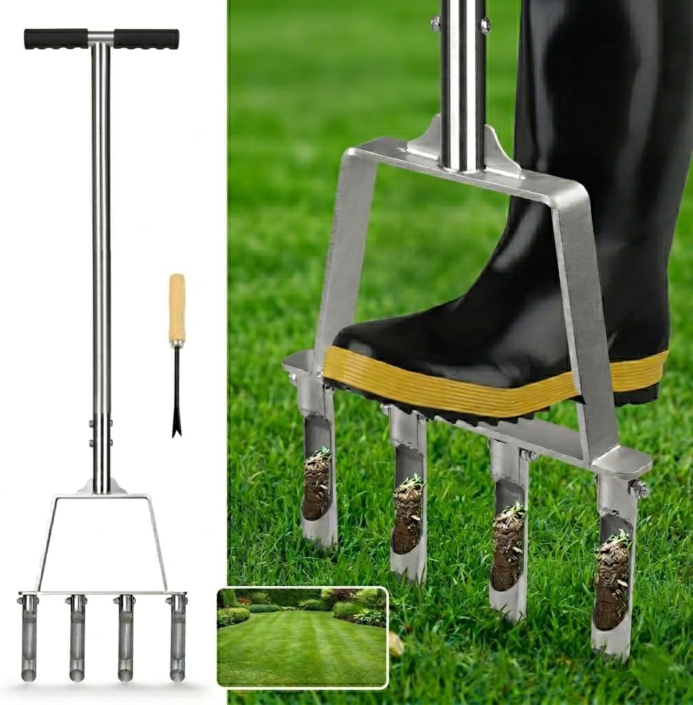 Lawn Aerator Stainless Steel, Manual Core Aerator with 4 Hollow Tines & T-Handle for Compacted Soil, Clay & Sandy Soil, Anti‑Clogging Weed Puller, Garden Tool for Grass Aeration