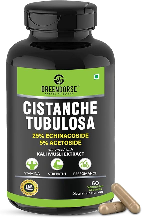 Organic Cistanche Tubulosa standardised to 25% Echinacoside, 5% Acetoside with Kali Musli Extract 1000mg 3rd Party Tested for Strength, Performance, Vitality- 60 Veg Capsules