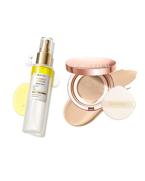 SKINTIFIC Full Coverage Cushion Foundation + Radiance Booster Setting Spray Serum