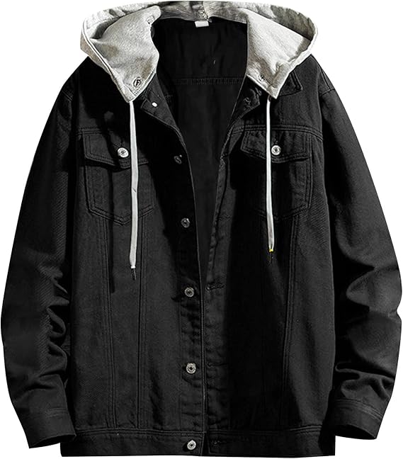 Teevaseoan Denim Jacket, Men's, Color, Slim, Casual, Stylish, Long Sleeve, Autumn and Winter Clothes, Denim Jacket, Cotton, G-Jacket, Popular, Large Size, Fashion, Spring and Autumn, Outerwear, Basic Outerwear, Lightweight, Street Style #01B-Black, M
