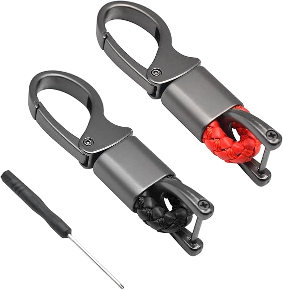 2PCS Car Key Fob Keychains, 360 Degrees Rotatable Leather Keys Chain Holder with Anti-Lost D-Ring, Universal Sturdy Metal Key Chains with Screwdriver for Women and Men (Black & Red - 2Pcs)