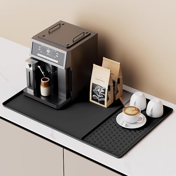 Coffee Machine Mat Silicone Coffee Mat Coffee Bar Mat with Detachable Dish Drying Mat for Kitchen Countertops, Bar Accessories Under Coffee Maker Coffee Machine, Espresso Machine (Black)