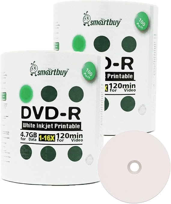 Smart Buy 200 Pack DVD-R 4.7gb 16x White Printable Inkjet Disc, 200pk