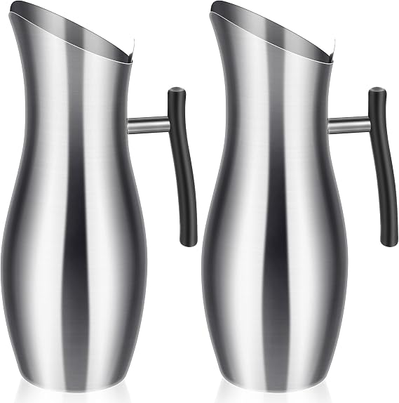 Funnymoom 2 Pcs 2 L Stainless Steel Water Pitchers with Lid Removal Ice Guard Handle Modern Metal Water Pitcher Hot Cold Drink Serving Tool for Restaurants Home Bar Christmas Party(Silver)