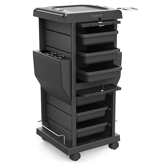 TASALON Lockable 6-Tray Salon Rolling Cart with 2 Holders, Black