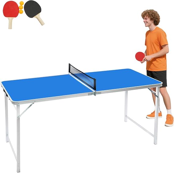 Foldable Full-Size Ping Pong Table with Net and Bats, Aluminium Alloy Portable Design for Indoor/Outdoor Family Games