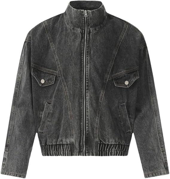 Men's Oversized Punk Style Denim Jacket Streetwear Solid Color Stand Collar Zipper Closure Loose Fit Jacket