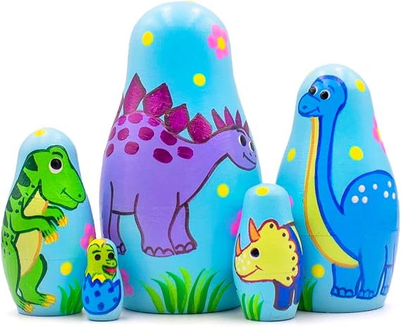 AEVVV Dinosaur Nesting Dolls Set 5 pcs - Dinosaur Russian Dolls - Wooden Dinosaur Figurines
