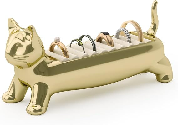 Umbra Ali Cat Ring Holder, Jewelry Storage, Holds 9 Rings, Gold | Metal construction, velvet padded base, scratch protection, gift for holidays, birthdays and more