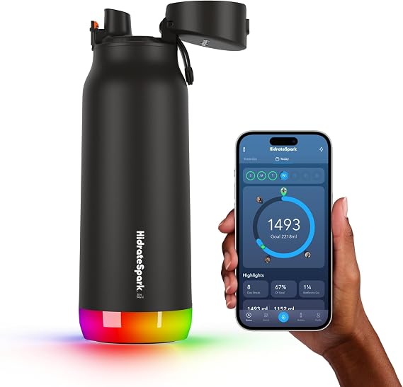 Hidrate Spark PRO Smart Water Bottle Insulated Stainless Steel Tracks Water Intake with Bluetooth, LED Glow Reminder When You Need to Drink Chug Lid, 32oz, Black