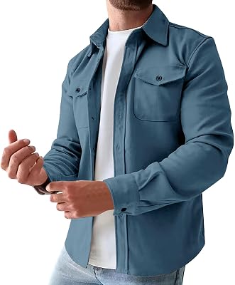 Mens Sherpa Shirt Jacket Flannel Shackets Casual Long Sleeve Button Down Lightweight Shirt Jacket Coats with Pockets